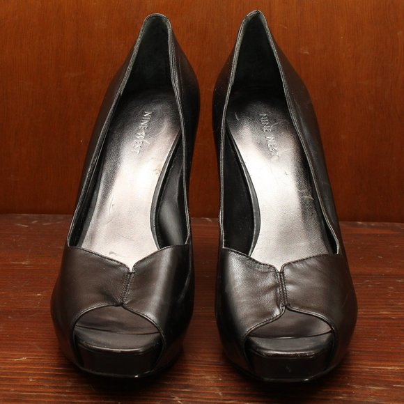 Black Leather Peep Toe Pumps - Picture 3 of 5
